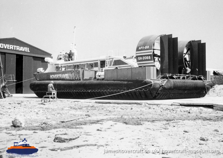 AP1-88 hovercraft at the Hovertravel maintenance hangar -  (credit: The <a href='http://www.hovercraft-museum.org/' target='_blank'>Hovercraft Museum Trust</a>).